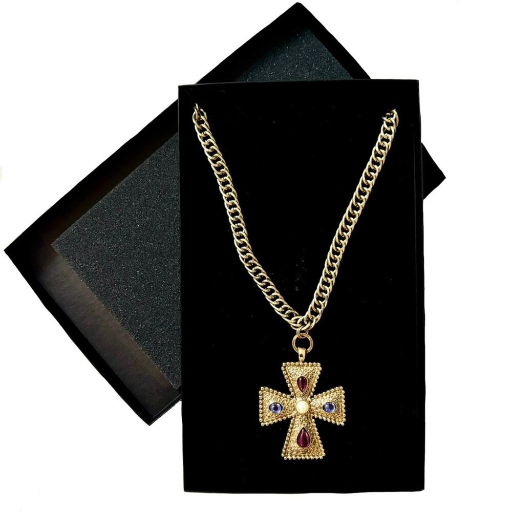 Lucite Cabochon and Faux Pearl Celtic Cross on Gold Tone Chain Necklace